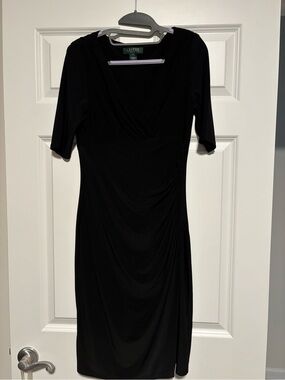 Ralph Lauren Black Ruched V-Neck Midi Sheath Dress
